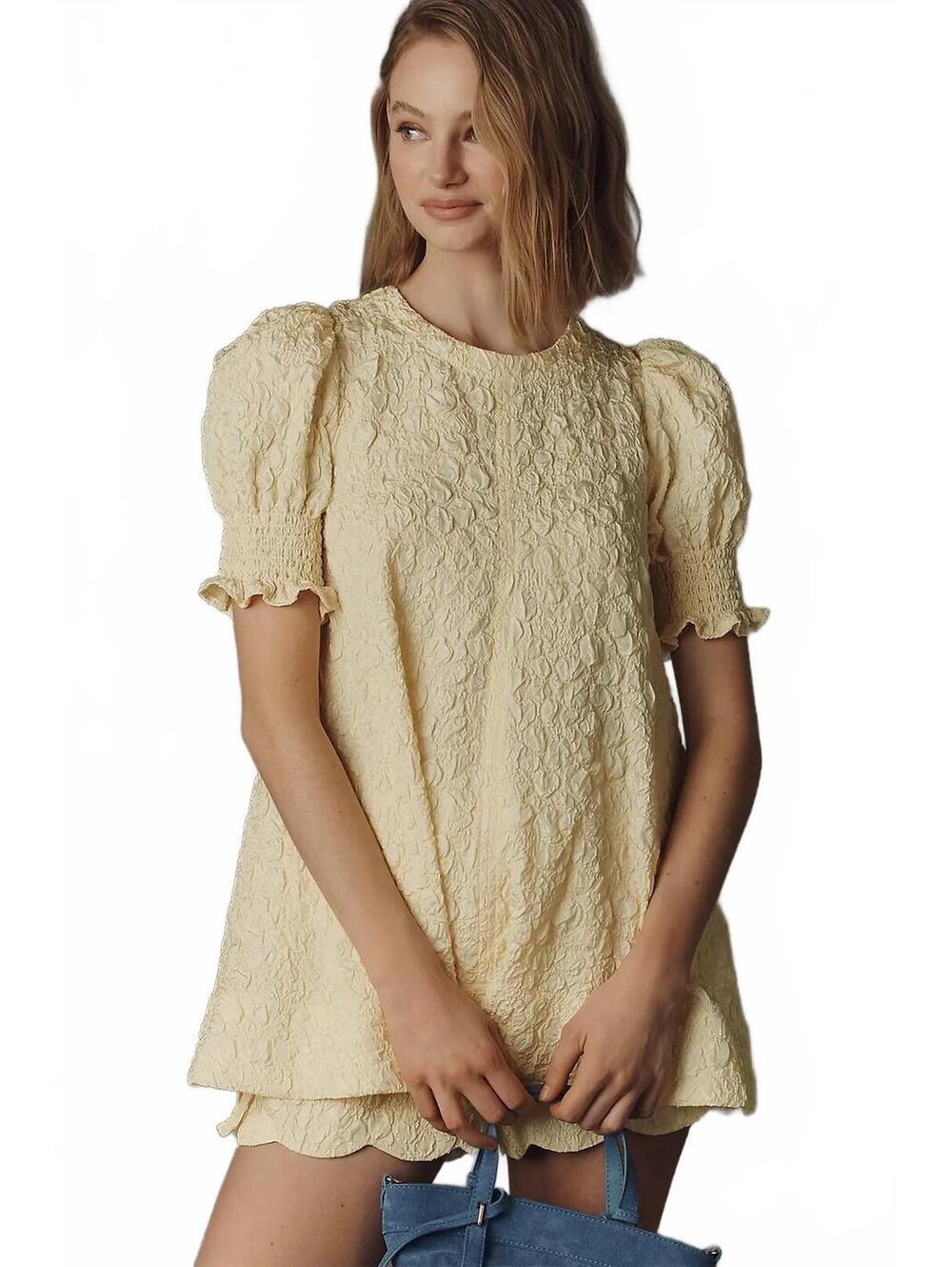 Maeve Mini Top Anthropologie textured, floral jacquard puff sleeves.Sz S #1268